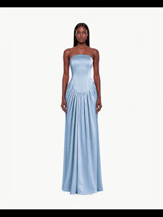 Khanum's Dresses & Skirts - Strapless Light Blue Satin Maxi Dress with Gathered Skirt